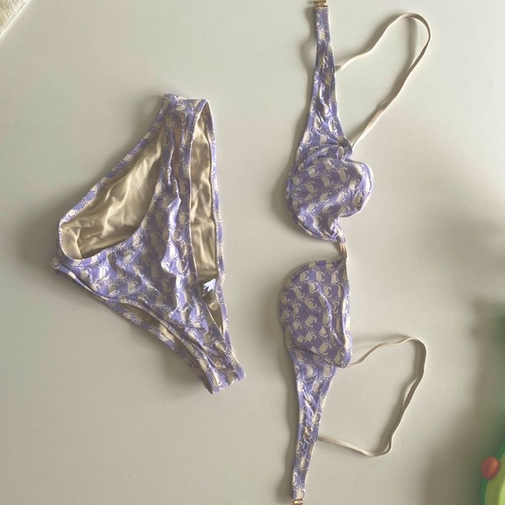 MOSCHINO MARE bikini in lavender color with white crab pattern. Euro size 42